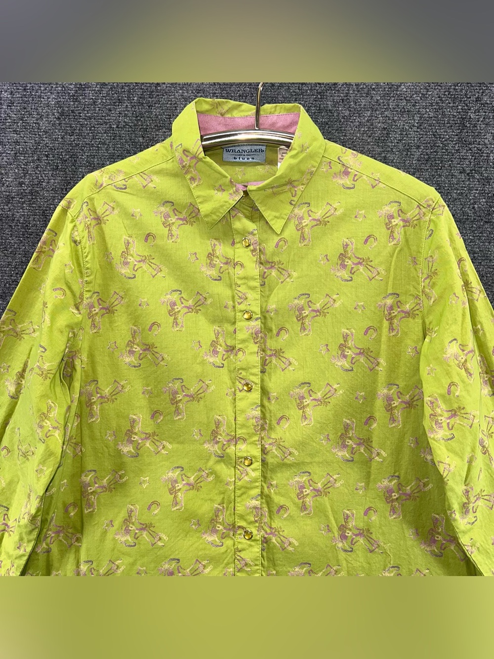 Wrangler Blues Womens Lime Green Western Shirt Sz L Pearl Snap AOP Boots Rodeo